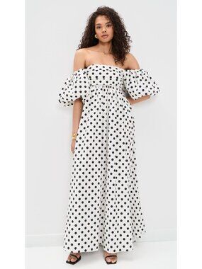 Caroline Constas Emilia Ruched Empire Maxi Dress Polka Dot Ivory Womens Size Lar